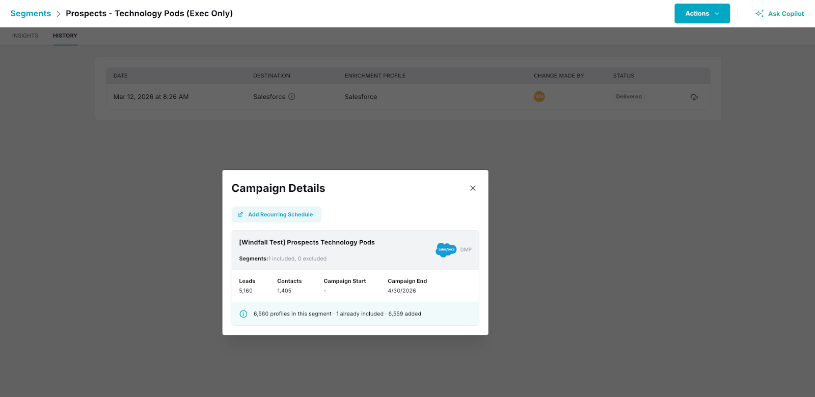 Windfall Salesforce Campaign Details View